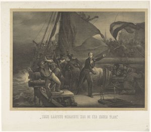 Jan van Speijk a biztosítékot készül kidobni a raktérbe, 1831 Utolsó gondolata a zászlója tisztelete volt (cím a tárgyon)