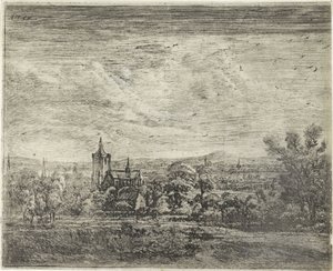 Kilátás a falura egy templommal alkotó: Jan Ruyscher
