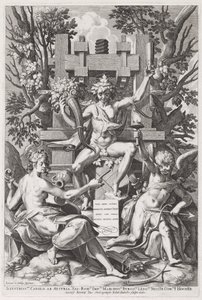 Bacchus egy hordón ül Amor és a zene között alkotó: Jan Sadeler I, after Joos van Winghe
