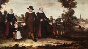 Jan Siewertz Kolm festő, felesége Fijtge Lindemans, gyermekeik Anna Jansdr., Siewert Jansz. és Hans Jansz. egy cselédlánnyal, csoportkép. alkotó: Jan Siewertz Kolm