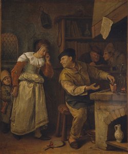 Egy ötvös egy nő ékszereit olvasztja be egy közjegyző jelenlétében: „Az alkimista” alkotó: Jan Steen