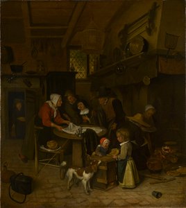 Jelenet egy parasztkonyhában, egy cseléddel, aki a ruhát teríti alkotó: Jan Steen