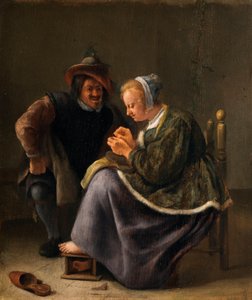 Harisnyát foltozó nő alkotó: Jan Steen