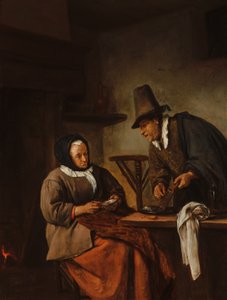 Egy idős pár meleg italt készít alkotó: Jan Steen