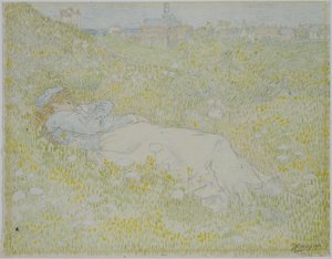 Nő feküdt a dűnékben Noordwijk közelében Lány feküdt a fűben, Noordwijk sziluettje a háttérben alkotó: Jan Toorop