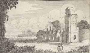 Táj egy romos templommal és két pásztorral beszélgetve alkotó: Jan Van de Velde