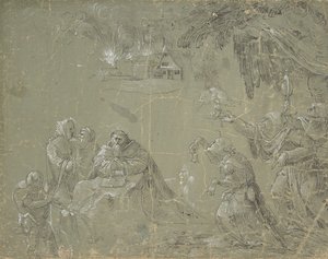 Szent Antal megkísértése recto, Fantasztikus táj verso, kb. 1520. alkotó: Jan Wellens de Cock.