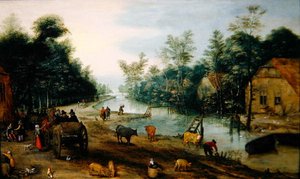 Nyári erdős folyó táj fogadóba érkező utazókkal (olaj a panelen) alkotó: Jan the Elder (circle of) Brueghel