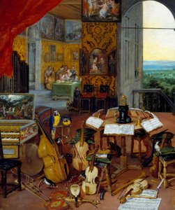 Hangszereket (cselló, hegedű, lant, furulya, csembaló) ábrázoló részletes hallás. Jan Brueghel festménye Le Vieux Brueghel de Velours-nak (Brueghel vagy Brueghel) alkotó: Jan the Elder Brueghel