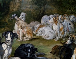 Kutyák, részlet Dianától és Nimfáktól a távozáskor alkotó: Jan the Elder Brueghel