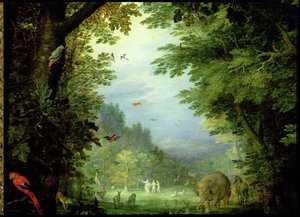 Föld vagy a Földi Paradicsom, Ádám és Éva részlete Istennel és más állatokkal, 1607-2008 olaj, réz, 93899 részlet
