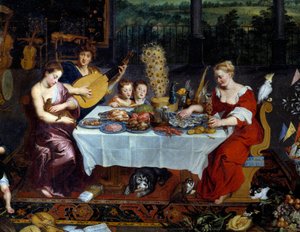 Az íz. A tenger gyümölcseiből és baromfiból álló étkezést zenészek jelenlétében ábrázoló részlet. Jan Brueghel festménye Le Vieux Brueghel de Velours-nak (Brueghel vagy Brueghel) alkotó: Jan the Elder Brueghel