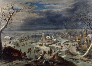 Téli táj korcsolyázókkal a fagyos vízi úton egy falu mellett, egy vadász az előtérben, Antwerpen túl,