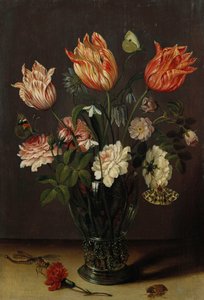 Tulipánok más virágokkal egy pohárban az asztalon alkotó: Jan Brueghel the Younger