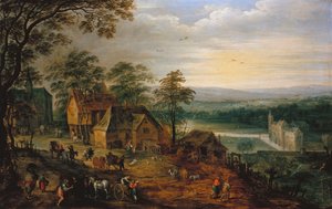 Falu utca figurákkal és szekerekkel, a háttérben egy árkos kastély alkotó: Jan Brueghel the Younger