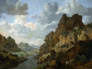 Holland: Hegyi táj pihenő utazókkal Sziklás táj. alkotó: Jan van Aken