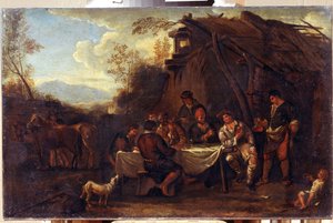 A vidám találkozó (Merrymeeting). Jan Miel (1599-1664) festménye. Flamand barokk stílusú művészet. Olajfestmény. Regionális I. Kramskoi Művészeti Múzeum, Voronyezs (Voronyezs, Oroszország).