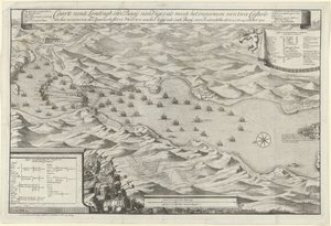 Tengerészeti csata a Vigo-öbölben és a spanyol ezüstflotta elfoglalása, 1702 Carte vande Landingh a Vigos-öbölben két Casteel elfoglalása és a Redondella den számára az öbölben horgonyzó spanyol ezüstflotta elfoglalása részeként