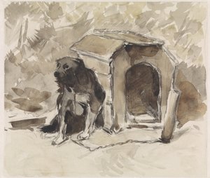 Kutya, pórázon ül a kennel előtt