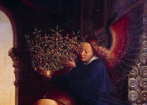 Egy angyal megkoronázza a Szűzanyát. Részlet a "" Rolin kancellár szűzéről"" Nicolas Rolin (1376-1461) volt Burgundia kancellárja Philippe Le Bon vezetésével és a Hospices de Beaune alapítója 1443-ban. Jan van Eyck (1390-1441) festménye alkotó: Jan van Eyck