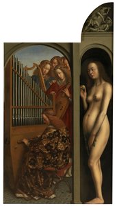 Zenélő angyalok és Éva alkotó: Jan van Eyck