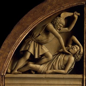 A genti oltárkép. A misztikus bárány imádása: Káin megöli Ábelt, 1432. alkotó: Jan van Eyck