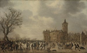 Téli táj a jégen desportáló figurákkal a Montfoort kastély mellett alkotó: Jan van Goyen