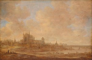 Folyóparti táj a leideni Hooglandse Kerkkel alkotó: Jan van Goyen