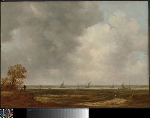 Panorámás kilátás a folyóra alacsonyan fekvő rétekkel