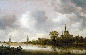 Folyami tájkép egy templommal a távolban
