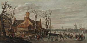 Téli táj, figurák a jégen egy házikó közelében alkotó: Jan van Goyen