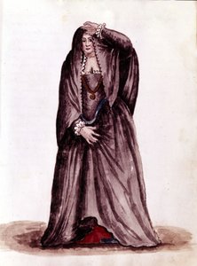 Velencei udvarhölgy a 18. században. Akvarell rajz és tus Jan van Grevenbroeck (vagy Giovanni Grevembroch (Grevenbroch) (1731-1807) „A velencei szokások” című kéziratából alkotó: Jan van Grevenbroeck