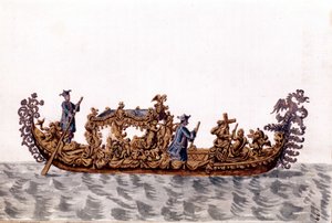 Egy királyi gondola. Akvarell rajz és tus Jan van Grevenbroek (vagy Giovanni Grevenbroich (Grevenbroich) (1731-1807) „A velencei szokások” című kéziratából alkotó: Jan van Grevenbroeck