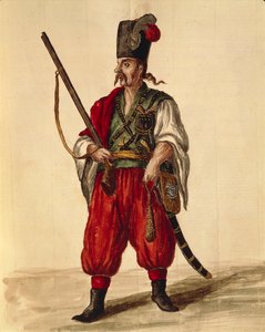 Karabiner egyenruha, Jan van Grevenbroeck vagy Giovanni Grevembroch (1731-1807), Gli Donne de Veneziani, illusztrált jelmezkönyvből, akvarell alkotó: Jan van Grevenbroeck