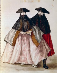 Karneváli szereplők Velencében, illusztráció a Velencei viseletek illusztrált könyvéből, Jan Grevenbroeck (1731-1807), akvarell, Olaszország