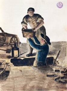 Közcsatorna tisztítása, illusztráció a Velencei viseletek illusztrált könyvéből, Jan Grevenbroeck (1731-1807), akvarell, Olaszország alkotó: Jan van Grevenbroeck