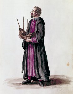 Egy haditengerészeti építész ábrázolásaként az általa épített hajó miniatűr makettjét tartotta a kezében Detail. Akvarell rajz és tus Jan van Grevenbroeck (vagy Giovanni Grevembroch (Grevenbroch) (1731-1807) „A velencei szokások” című kéziratából alkotó: Jan van Grevenbroeck