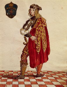 A Confraternity de la Calza lovag öltöny (harisnya) 1564-ben, Jan van Grevenbroeck vagy Giovanni Grevembroch (1731-1807), Gli Abiti de Veneziani, illusztrált jelmezkönyvből, akvarell alkotó: Jan van Grevenbroeck
