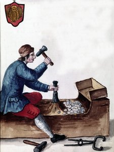 A Velencei Köztársaság érmegyártása: a pénzverés szakasza. Akvarell rajz és tus Jan van Grevenbroeck (vagy Giovanni Grevembroch (Grevenbroch) (1731-1807) „A velencei szokások” című kéziratából alkotó: Jan van Grevenbroeck