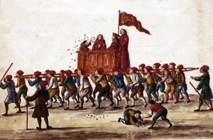 velencei partik. A most megválasztott herceget diadalmenetben viszik az Arzenál munkásai a Szent Márk térre. A tanfolyam során pénzérméket dob a tömegre. Akvarell rajzot és tintát a „Velencék szokásai” című kéziratból merít. alkotó: Jan van Grevenbroeck