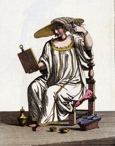 Velencei nők módszere a haj világosítására a napon a 17-18. században. Akvarell rajz és tus Jan van Grevenbroeck (vagy Giovanni Grevembroch (Grevenbroch) (1731-1807) „A velencei szokások” című kéziratából alkotó: Jan van Grevenbroeck