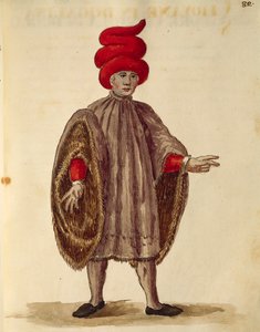Fiatal férfi "Dogalinát" viselő, hivatalos köntösben széles ujjal, Jan van Grevenbroeck vagy Giovanni Grevembroch (1731-1807), Gli Abiti de Veneziani, illusztrált jelmezkönyvből, akvarell alkotó: Jan van Grevenbroeck