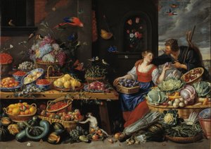 Zöldség-gyümölcs piac fiatal gyümölcsárussal alkotó: Jan van Kessel d.Æ.