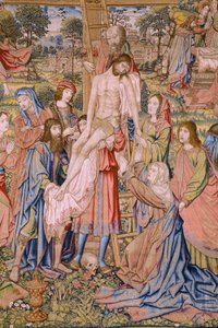 Flamand kárpit. Sorozat Krisztus szenvedése: Leszállás a keresztről (Kruisafneming, Descendimiento de la cruz). Gyártás Pieter van Aelst. Jan van Roome karikaturista. Körülbelül 1507-1520. Részlet.