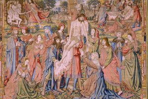 Flamand kárpit. Sorozat Krisztus szenvedése: Leszállás a keresztről (Kruisafneming, Descendimiento de la cruz). Gyártás Pieter van Aelst. Jan van Roome karikaturista. Körülbelül 1507-1520. Részlet.