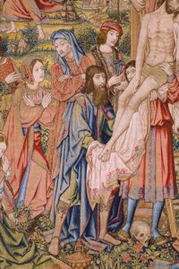 Flamand kárpit. Sorozat Krisztus szenvedése: Leszállás a keresztről (Kruisafneming, Descendimiento de la cruz). Gyártás Pieter van Aelst. Jan van Roome karikaturista. Körülbelül 1507-1520. Részlet.