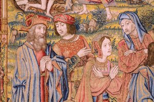 Flamand kárpit. Sorozat Krisztus szenvedése: Leszállás a keresztről (Kruisafneming, Descendimiento de la cruz). Gyártás Pieter van Aelst. Jan van Roome karikaturista. Körülbelül 1507-1520. Részlet.