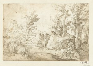 Táj egy kút mellett ülő alakkal alkotó: Jan van Scorel (attributed to)