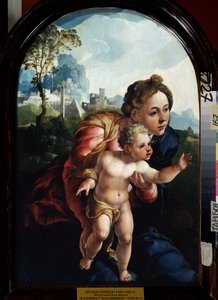 A Szűz és a Gyermek (Szűz és Gyermek). Jan Van Scorel (1495-1562) festménye. Olaj, fa, 66 x 45 cm