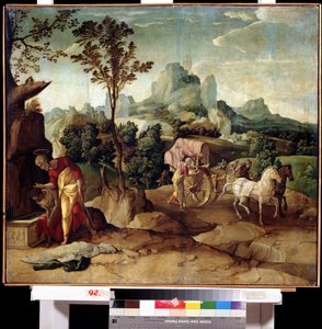 A keresztelés (a keresztelő). Szent Fülöp diakónus hirdeti a hitet Etiópia királynőjének eunuchjának, és megkereszteli. Jan van Scorel (1495-1562) festménye. Olaj, fa, 73 x 82 cm. Holland művészet, reneszánsz. Távol-keleti Múzeum, Habarovszk.